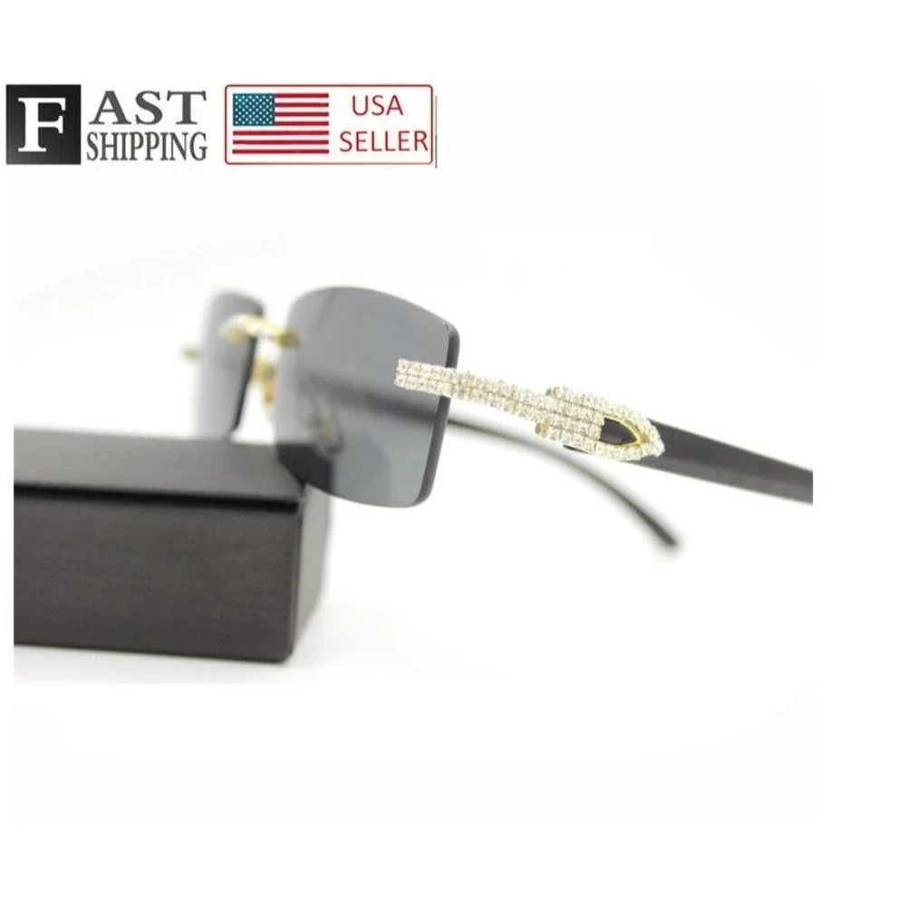 Rimless Dark Black Lens Sunglasses Rhinestone Accents Rectangular Frame Men's‎